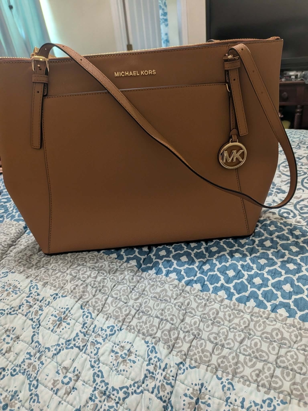 Michael Kors Camel Leather Tote with Gold MK Charm